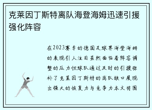 克莱因丁斯特离队海登海姆迅速引援强化阵容 克莱因丁斯特离队海登海姆迅速引援强化阵容
